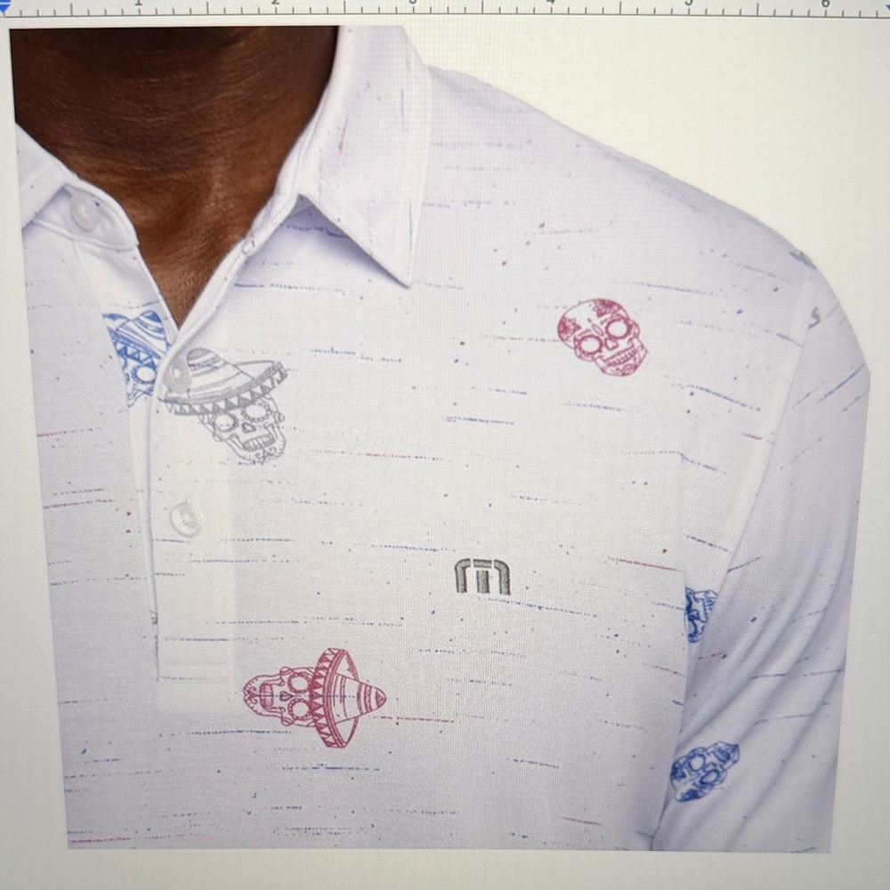 Travis Mathew “Mexicali” White Golf Polo with Red & Blue Skull
